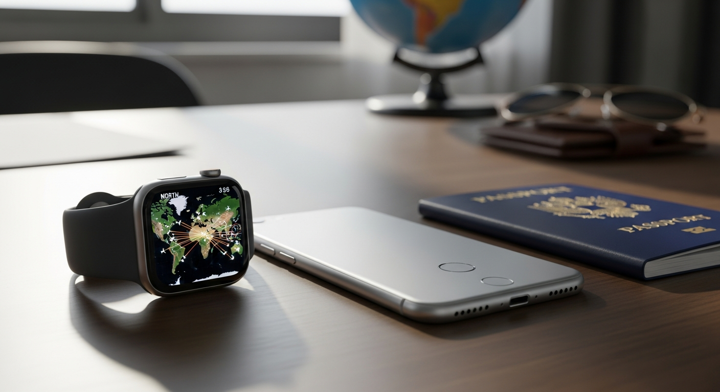 Apple Watch and iPad displaying global connectivity with world map overlay showing 160+ countries coverage