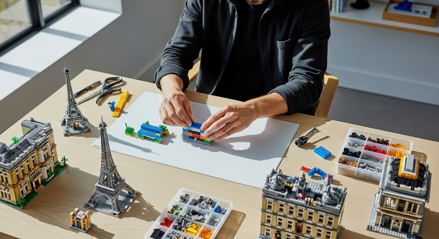 Adult LEGO builder concentrating on intricate creative building set construction project