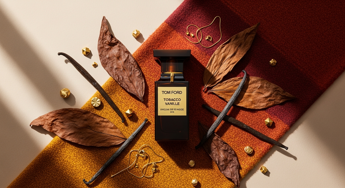 Luxurious Tom Ford Tobacco Vanille Eau de Parfum bottle displayed elegantly against warm autumn backdrop