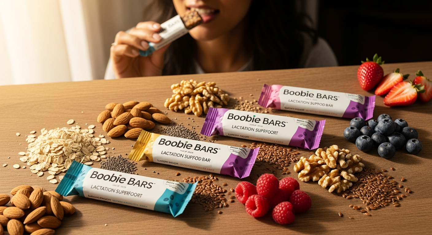 Boobie Bars lactation support superfood bars in multiple flavors displayed on white background