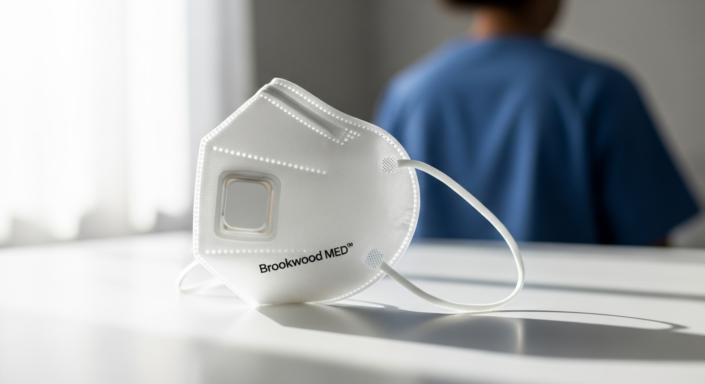 Brookwood Med KN95 face mask with blue exterior showing FDA and CE certification markings and dual ear straps