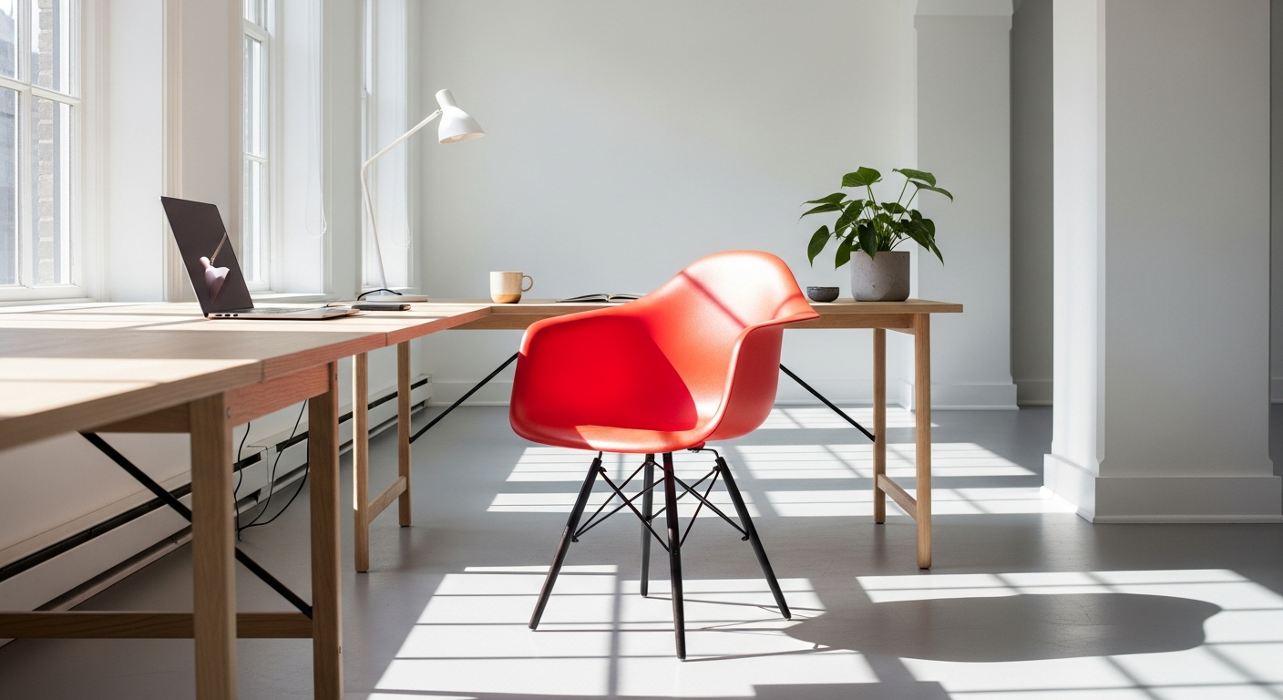 Vitra Eames Plastic Side Chair in modern office workspace with natural lighting