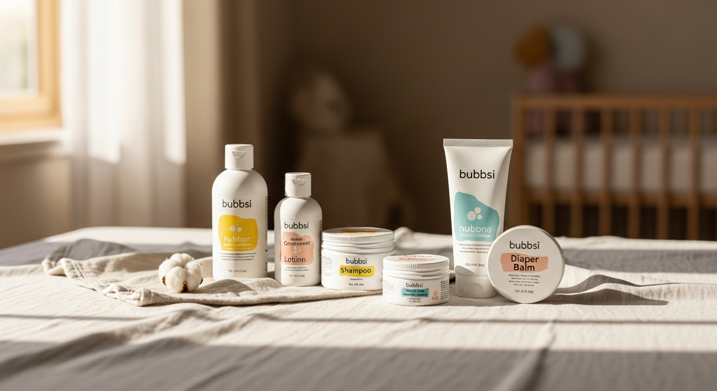 Bubbsi Newborn Skincare Essentials Starter Set with three animal-shaped refillable silicone bottles and natural coconut oil products