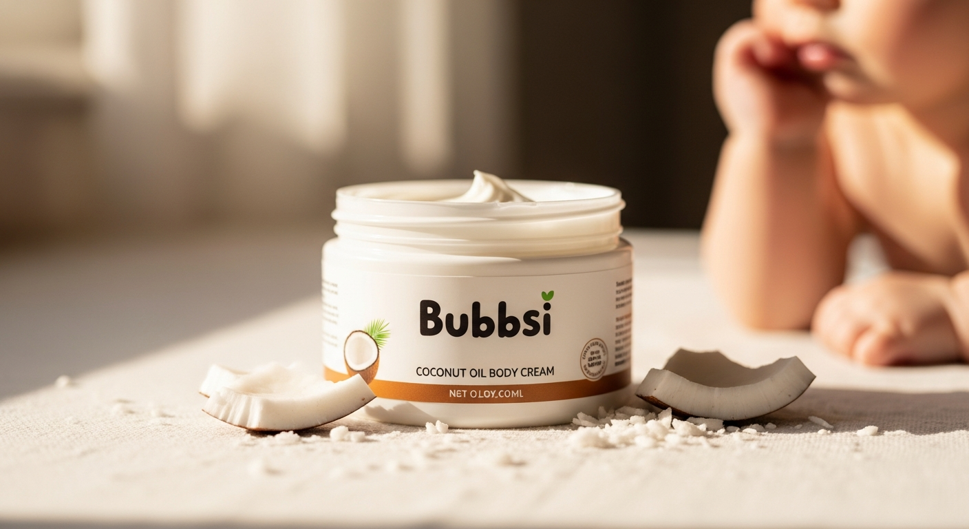Bubbsi Whipped Coconut Oil Body Cream animal-shaped bottle with organic coconut oil and shea butter ingredients displayed