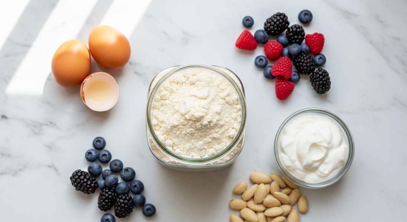 Bulk Pure Whey Protein Powder container with shaker bottle and creative meal applications including pancakes, smoothie bowl, and baked goods