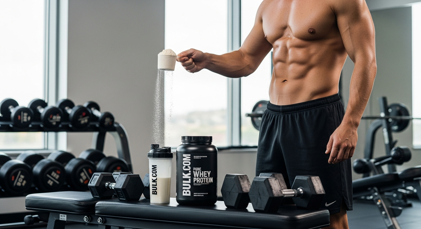 Bulk Pure Whey Protein Powder container with vanilla flavor displayed on white background with dumbbells