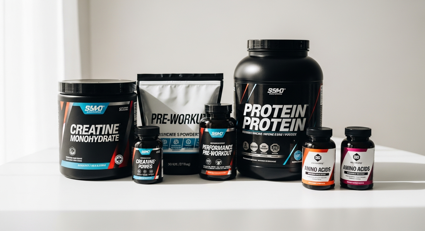 Bulk creatine monohydrate powder supplement containers with stacked performance enhancing supplements