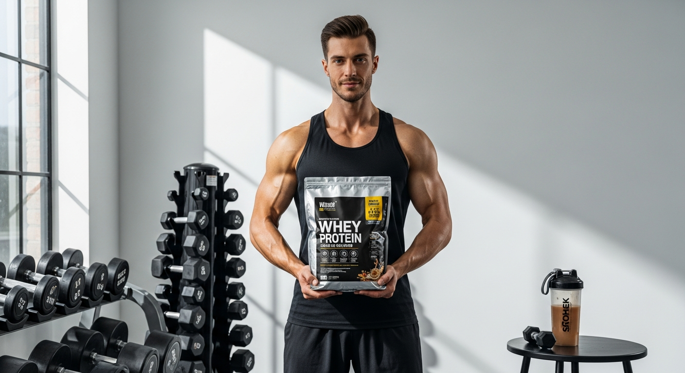 Bulk whey protein concentrate powder in chocolate flavor with measuring scoop and shaker bottle