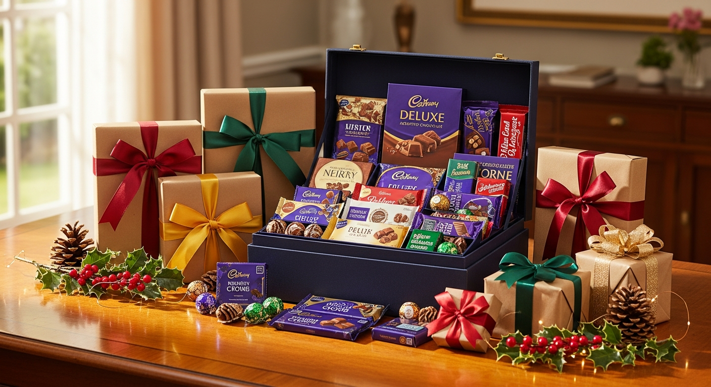 Cadbury Deluxe Assorted Chocolate Gift Hamper in elegant wicker basket with premium chocolate selections displayed