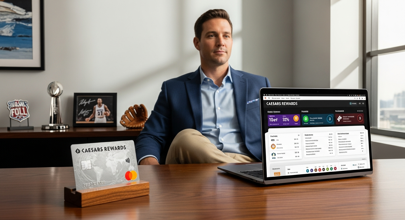 Caesars Rewards loyalty program membership card with sports betting graphics and tier benefits displayed