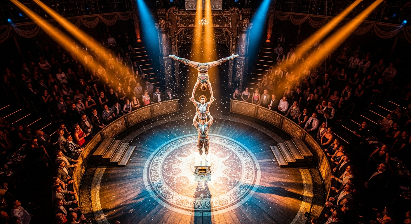 Absinthe Las Vegas adult circus show performers executing aerial acrobatics in intimate spiegeltent venue at Caesars Palace