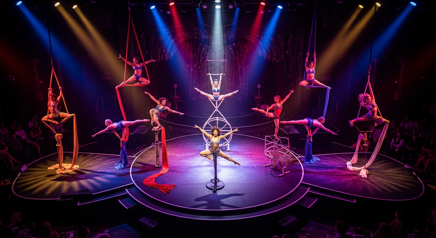 Absinthe Las Vegas variety show performers in intimate Spiegeltent theatre-in-the-round setting at Caesars Palace