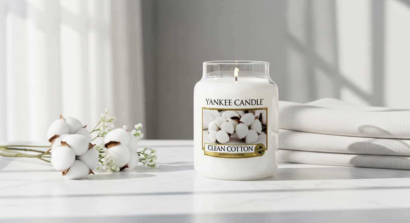 Yankee Candle Clean Cotton scented jar candle with fresh linen fragrance displayed on white surface