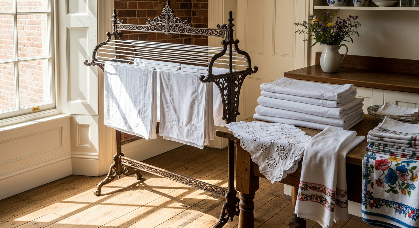Cast Iron Victorian Kitchen Maid Clothes Airer with pulley system mounted on ceiling in bright kitchen