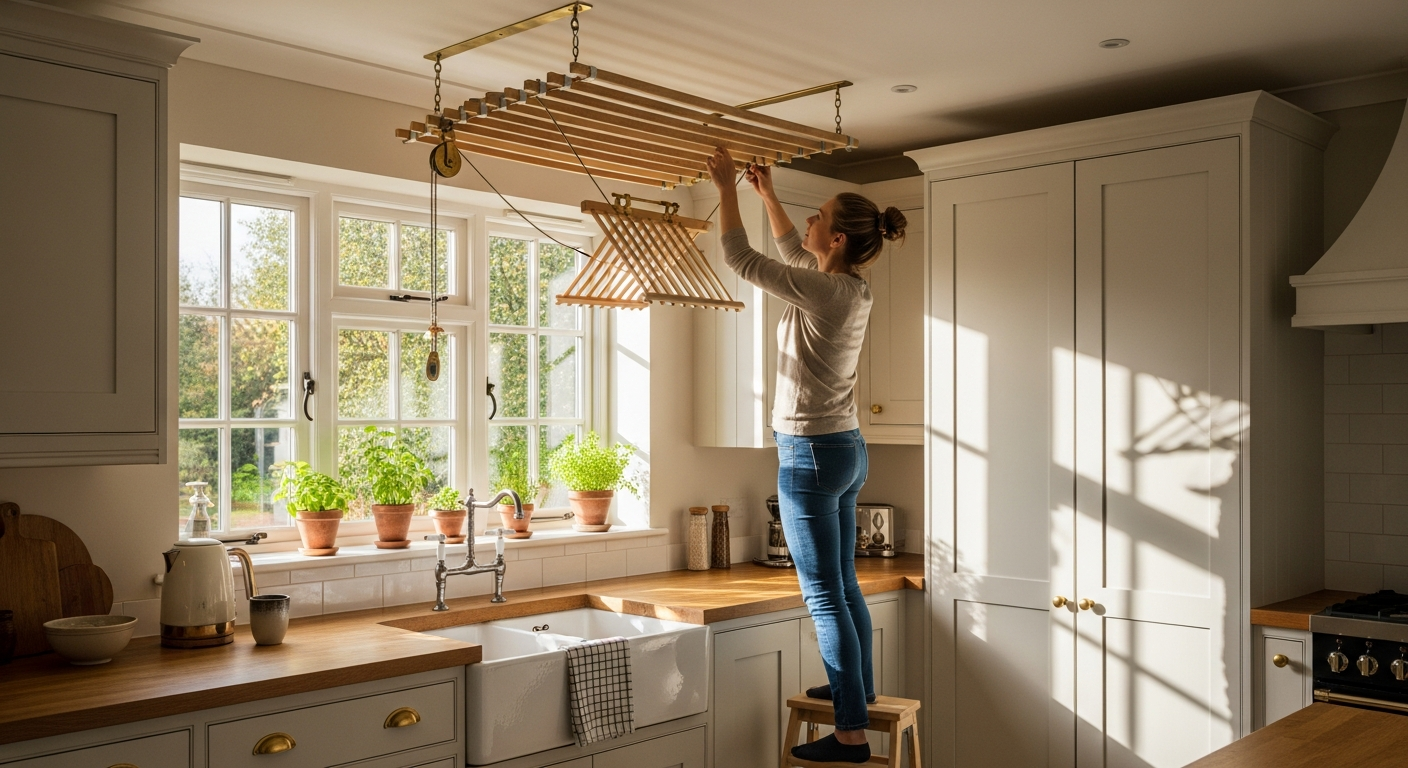 Traditional Kitchen Maid pulley clothes airer mounted on white ceiling with cast iron wheels and wooden laths