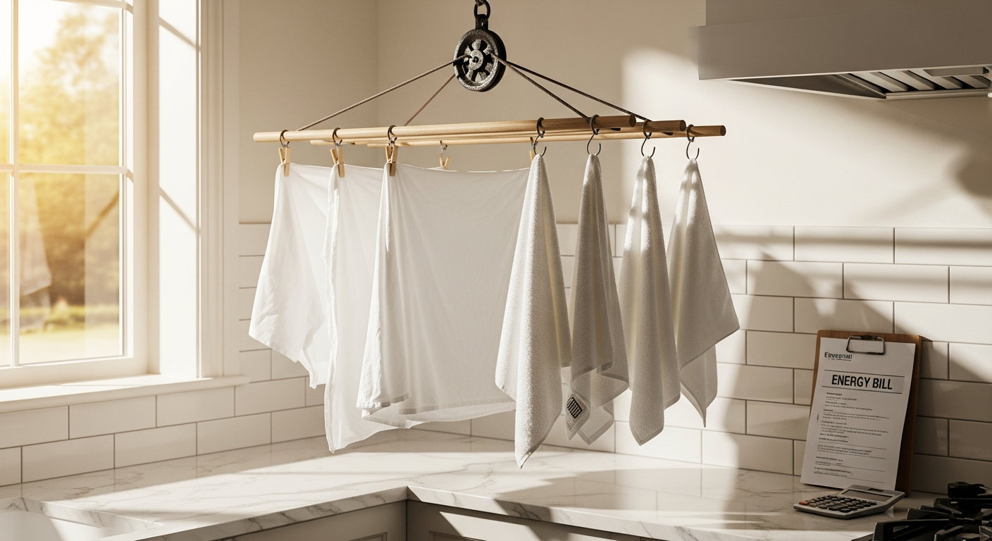 Victorian Kitchen Maid cast iron pulley clothes airer mounted on white ceiling in modern utility room