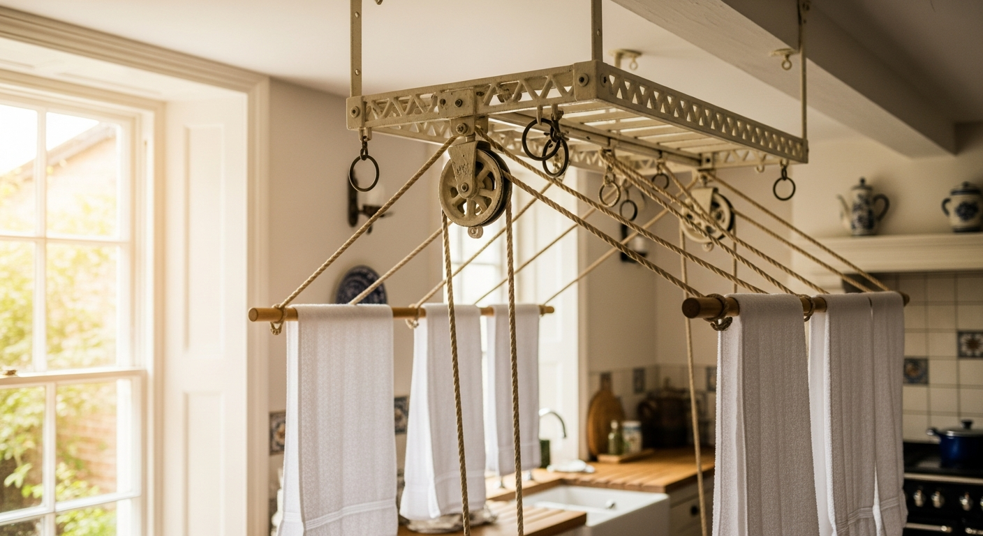 Cast iron pulley clothes airer installed on white ceiling with wooden laths and rope system