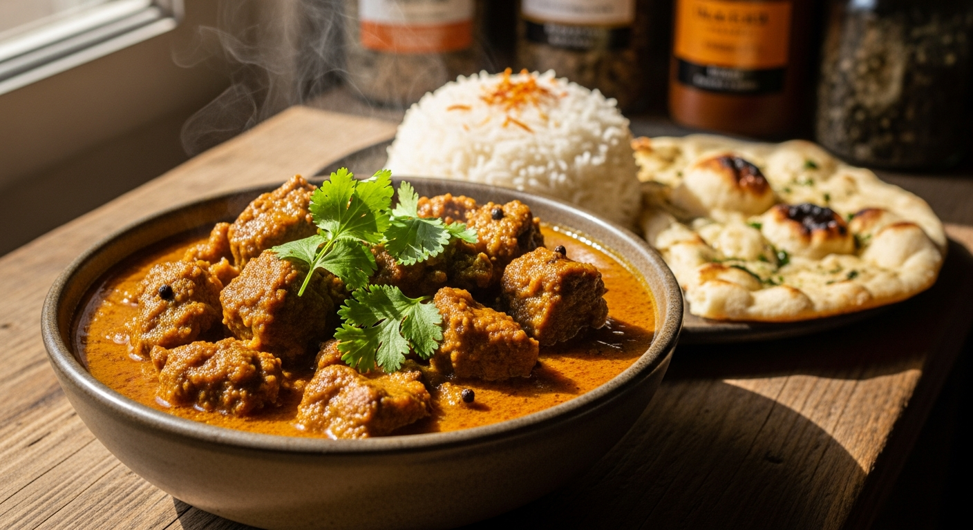 Chef Akila's Grandma's Lamb Curry in a bowl with rice and naan bread