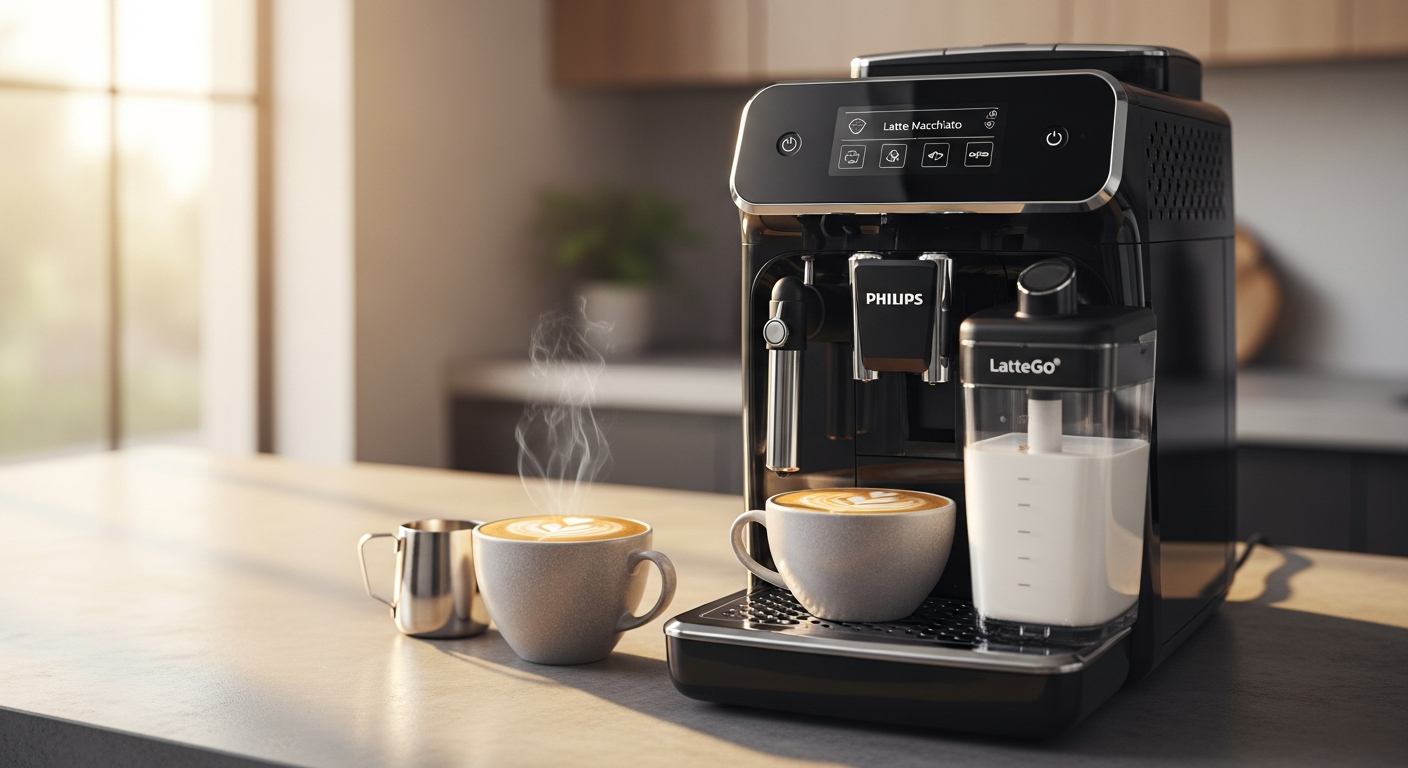 Philips 5500 Series fully automatic espresso machine with touchscreen display and LatteGo milk system on kitchen counter