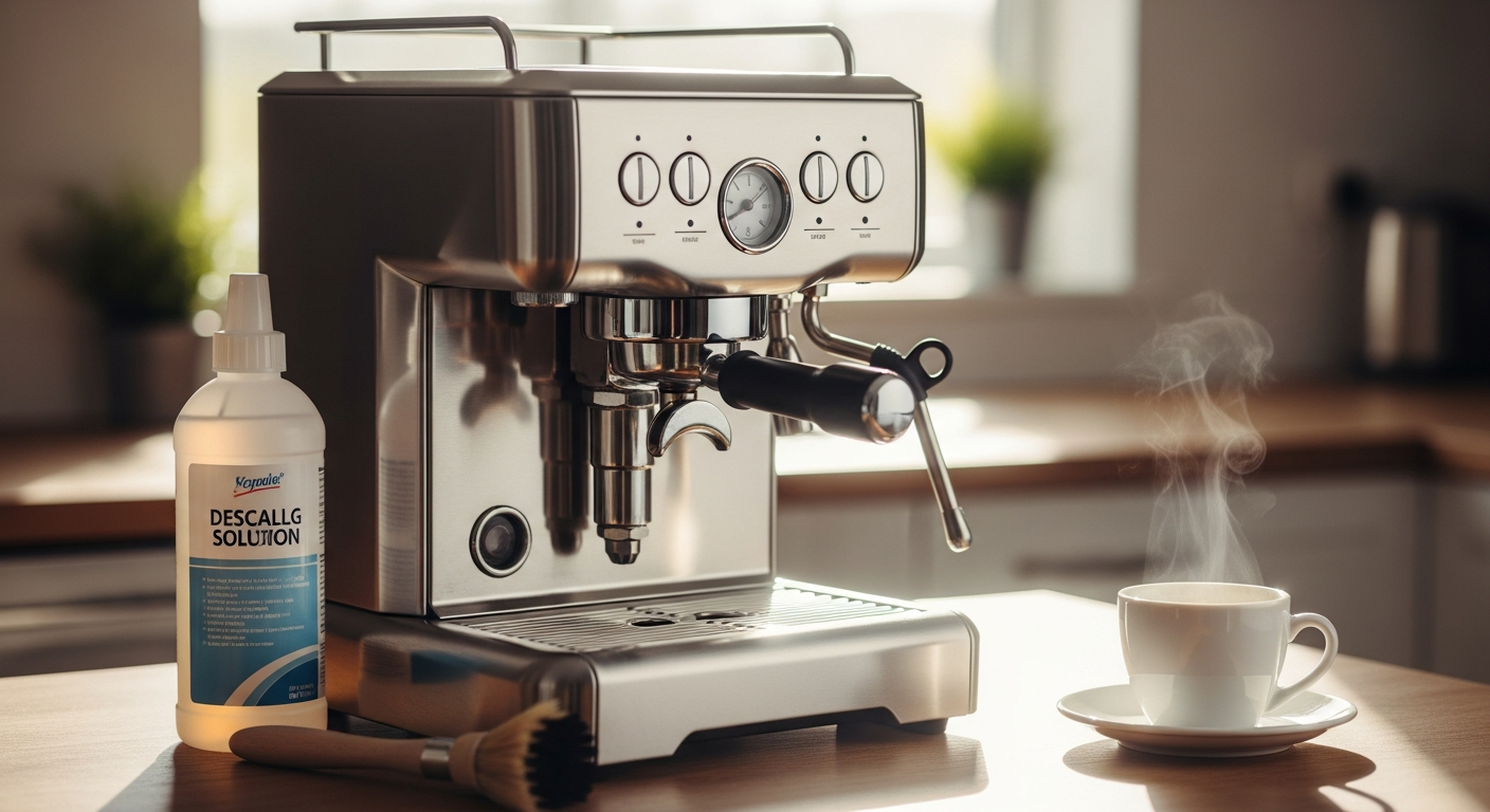 Universal coffee machine descaling and cleaning solution bottle with coffee machine in background