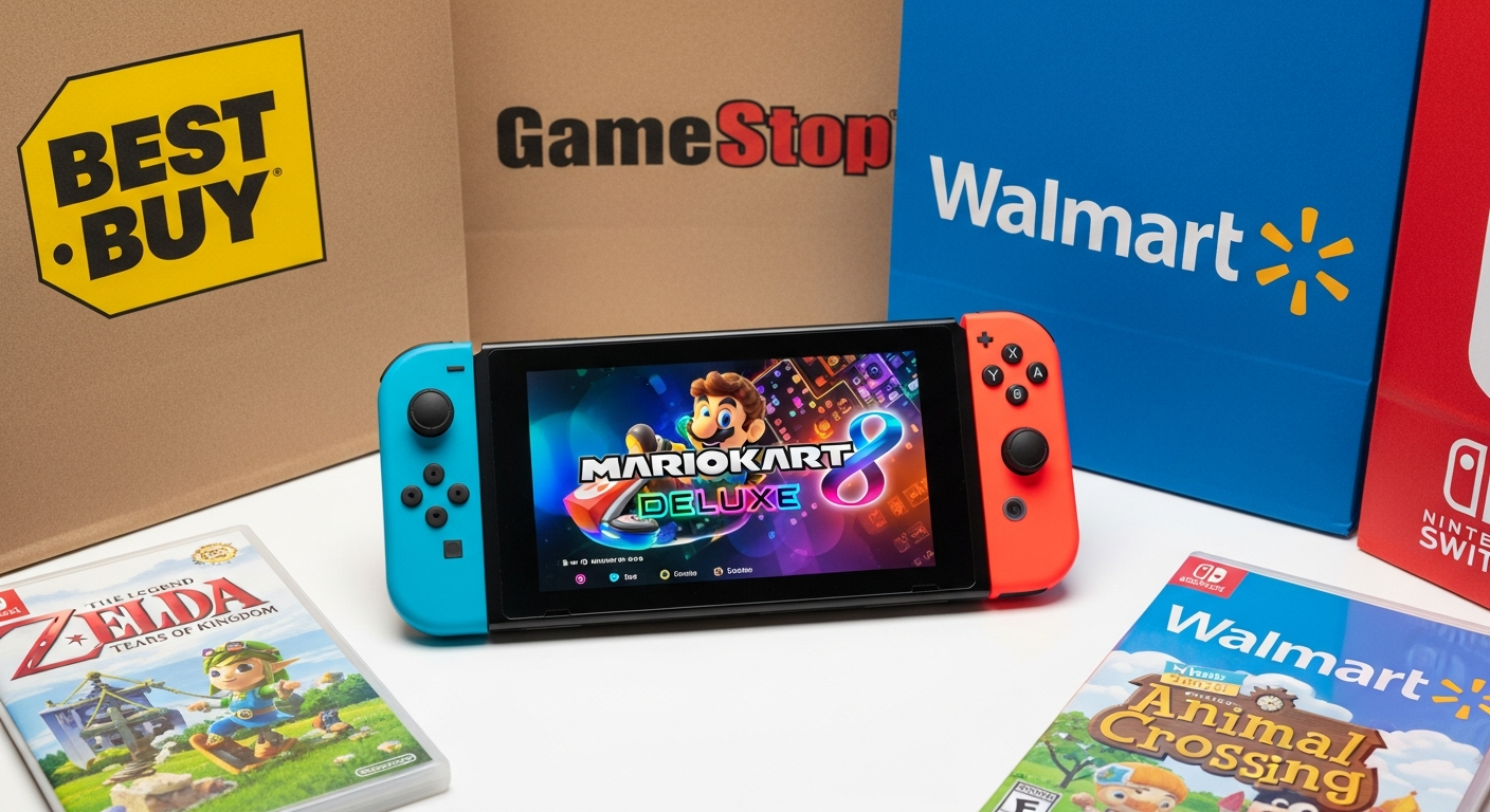 Nintendo Switch controller with Mario Kart 8 Deluxe game displayed on screen