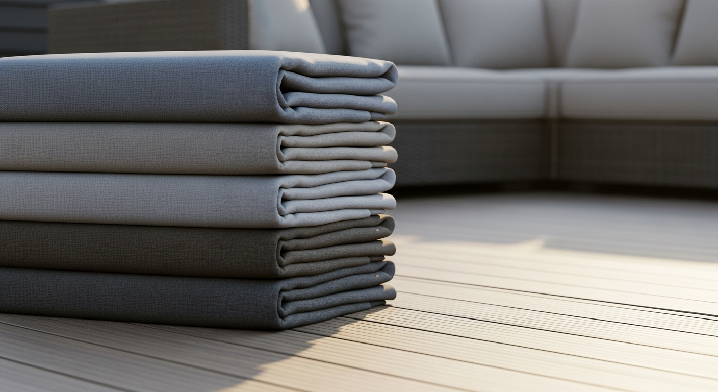 Custom outdoor patio furniture covers protecting a sectional sofa and dining set on a residential patio