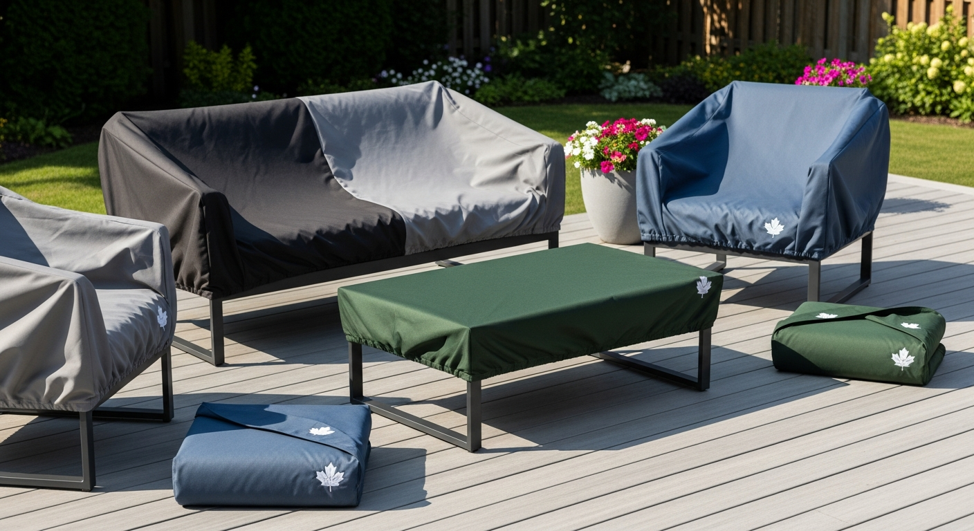 Custom outdoor patio furniture covers protecting expensive sectional sofa from rain and weather