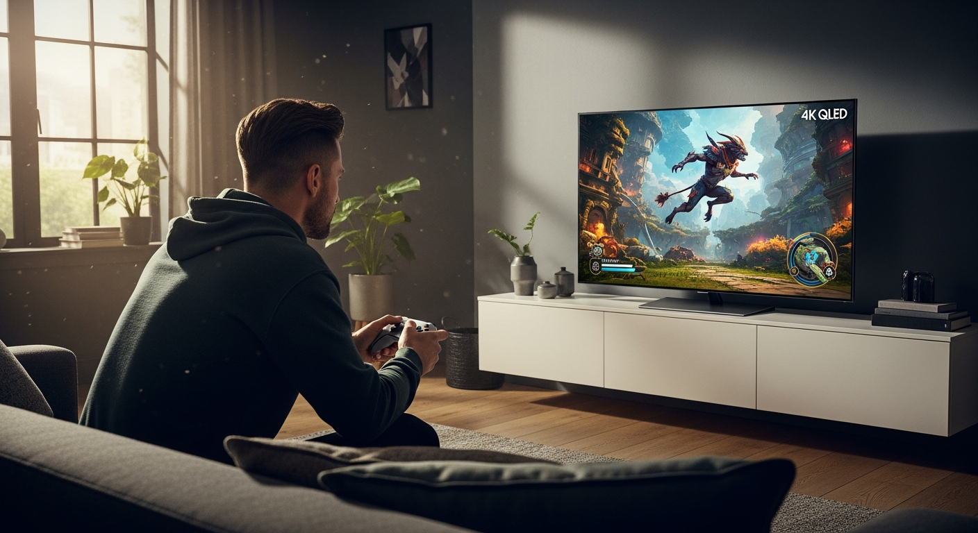 Samsung 4K QLED Smart TV displaying vibrant gaming graphics with high refresh rate performance