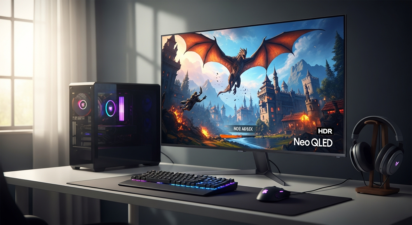 Samsung Neo QLED 4K Smart TV displaying vibrant gaming graphics with HDMI 2.1 ports and AI upscaling technology