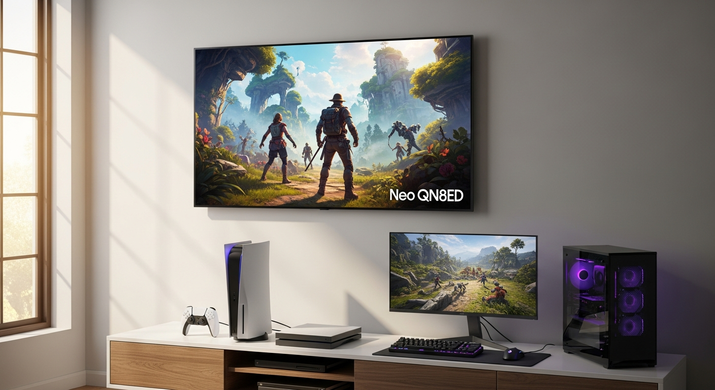 Samsung QN80F Neo QLED 4K TV displaying vibrant gaming visuals with 144Hz refresh rate and minimal input lag performance