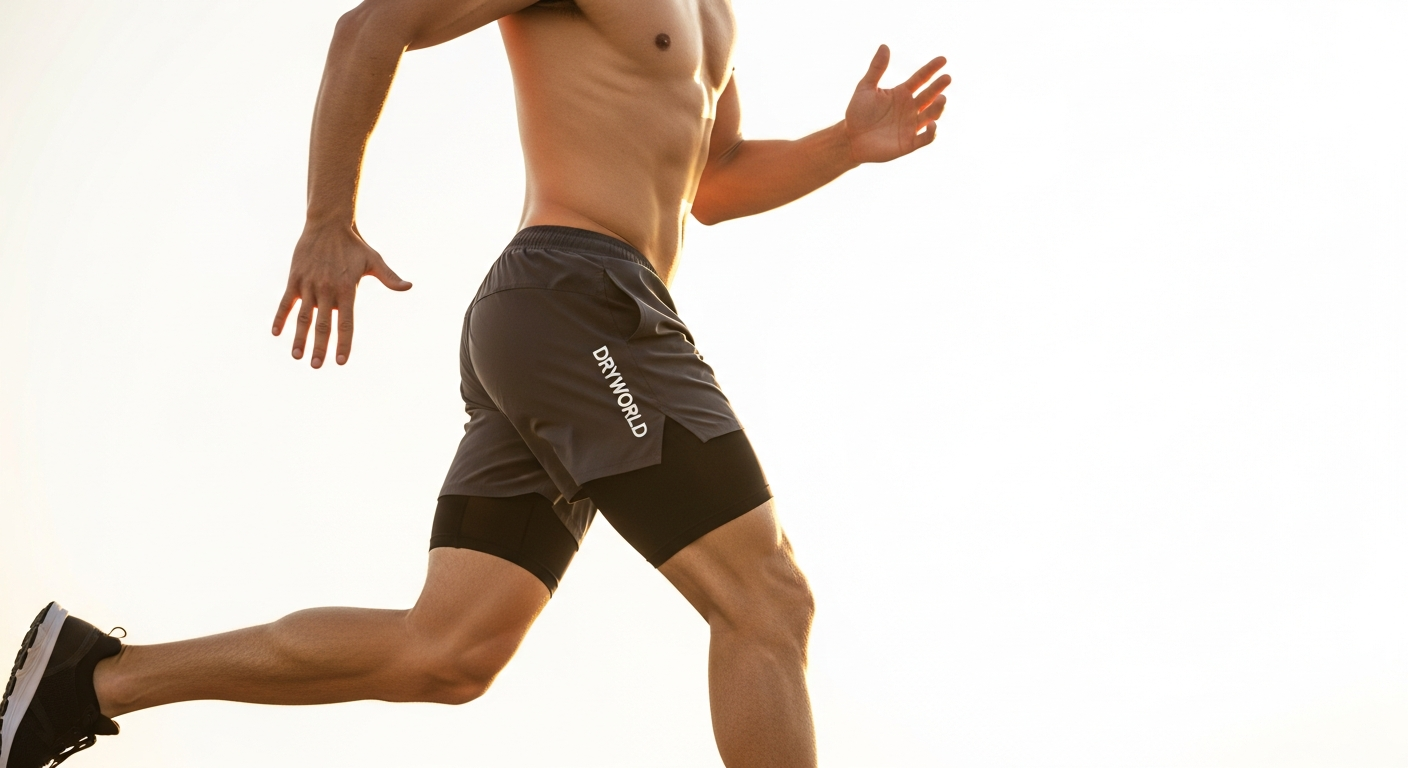 DRYWORLD Core D Lightweight Athletic Shorts displayed in neutral color showing breathable fabric construction and secure inner lining design