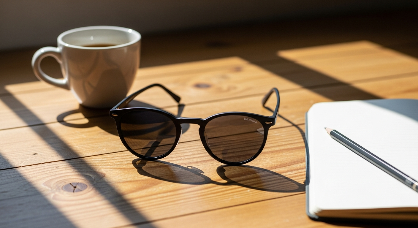 D.Franklin Ultra Light Round Sunglasses with trans brown frames and blue-tinted lenses on white background