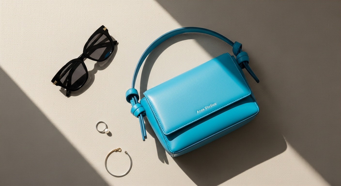 Acne Studios Platt Mini Shoulder Bag in Cyan Leather displayed on white background showing premium leather construction and mirror detail