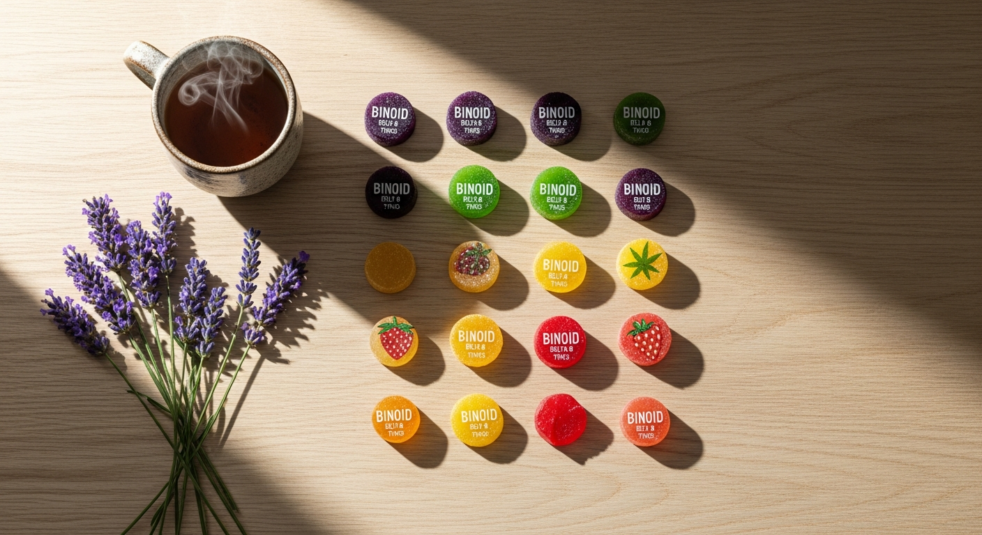 Binoid Delta-8 THC gummies in mixed flavors displayed with hemp leaves and lab testing certification badge