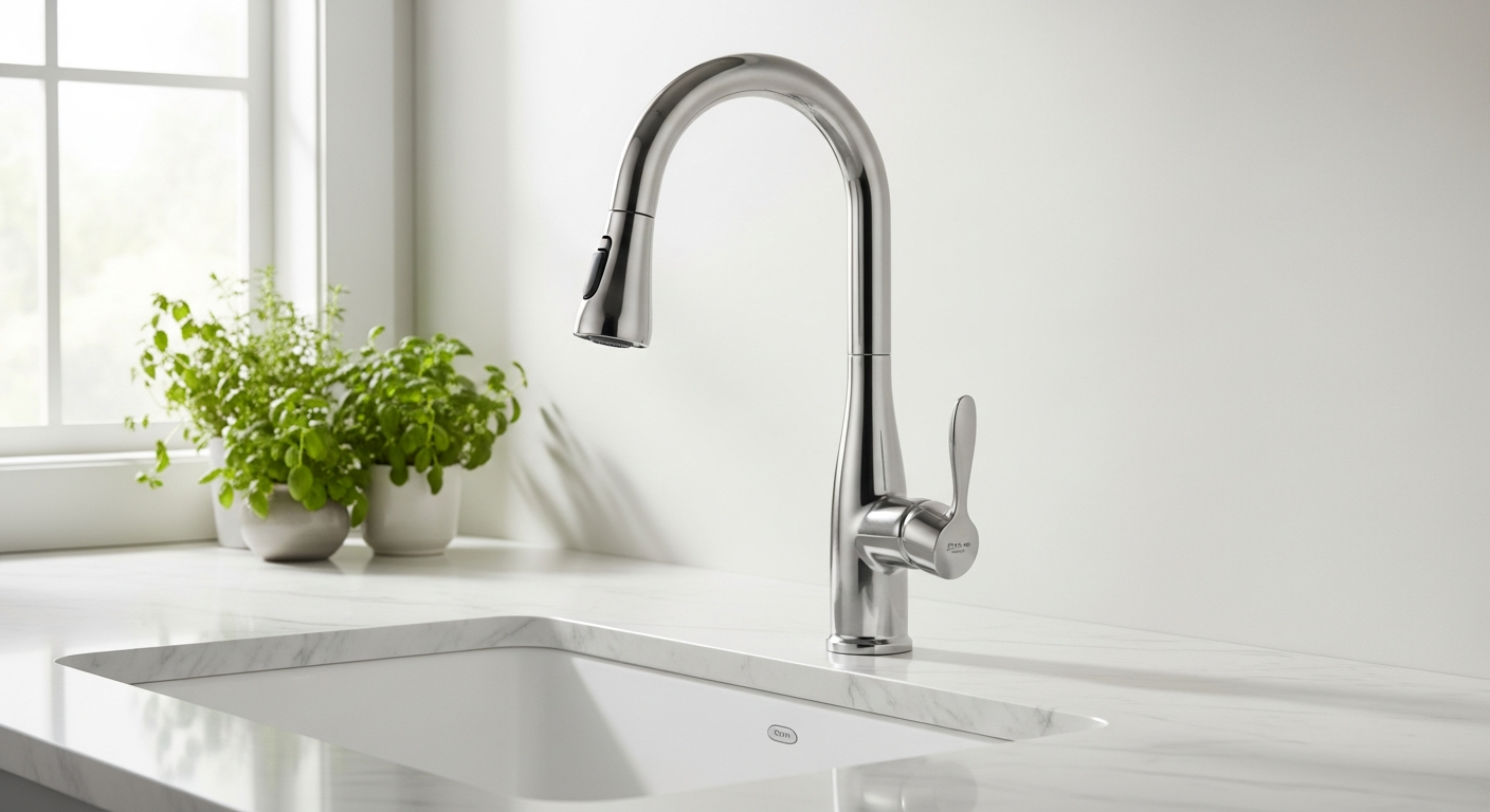 Delta Leland pull-down kitchen faucet with touch technology and magnetic docking system installed in modern kitchen sink