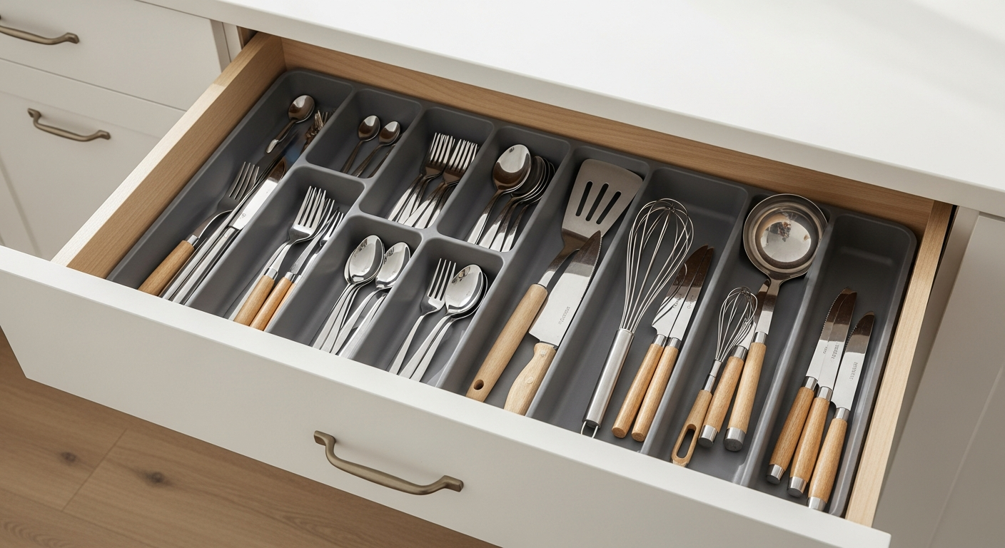 Casaria Telescopic Cabinet Drawer Organizer Set with chromed metal construction and ball-bearing mechanism installed in kitchen cabinet