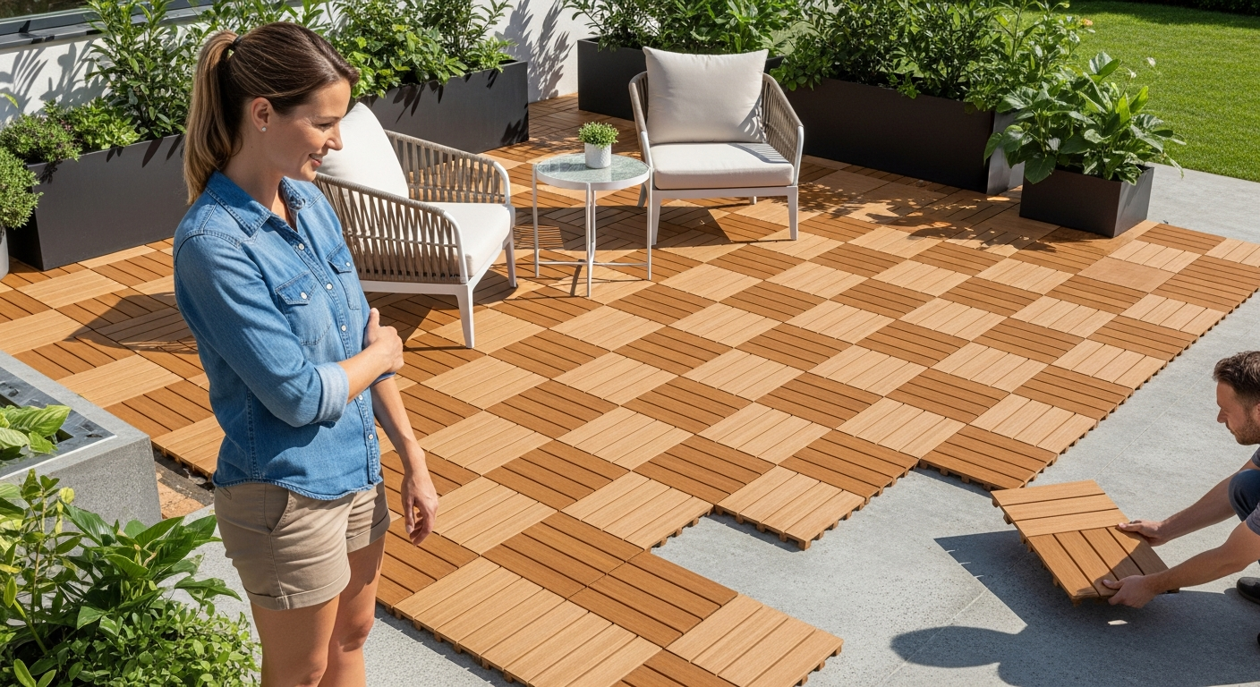 DeubaXXL WPC clip-on decking tiles in anthracite color installed on a modern residential terrace