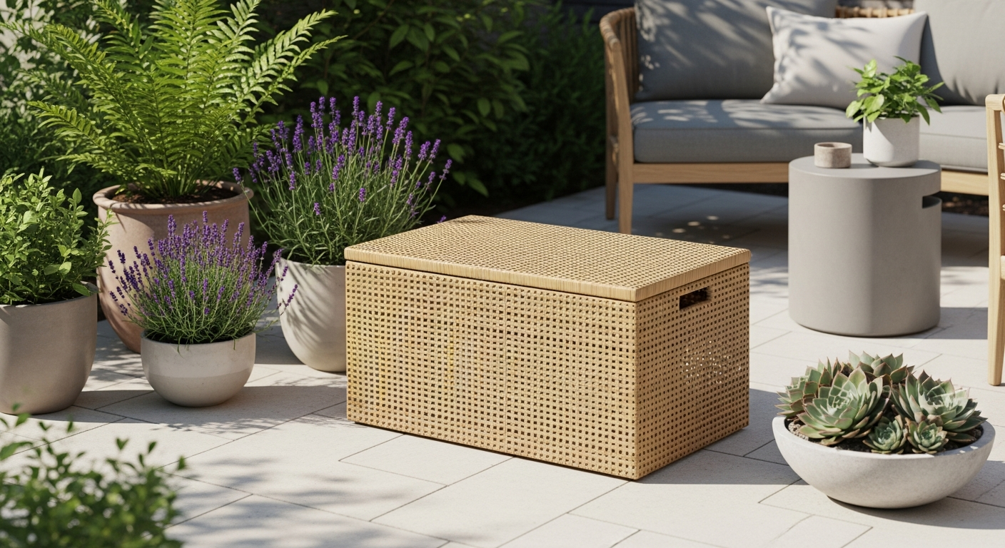 DeubaXXL Polyrattan Garden Storage Box with integrated wheels on a modern patio
