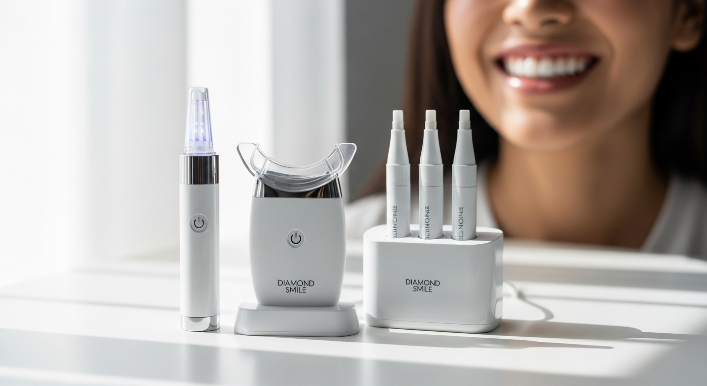 Diamond Smile At-Home Teeth Whitening Kit with LED light device, whitening gel syringes, and flexible mouth tray displayed on white background