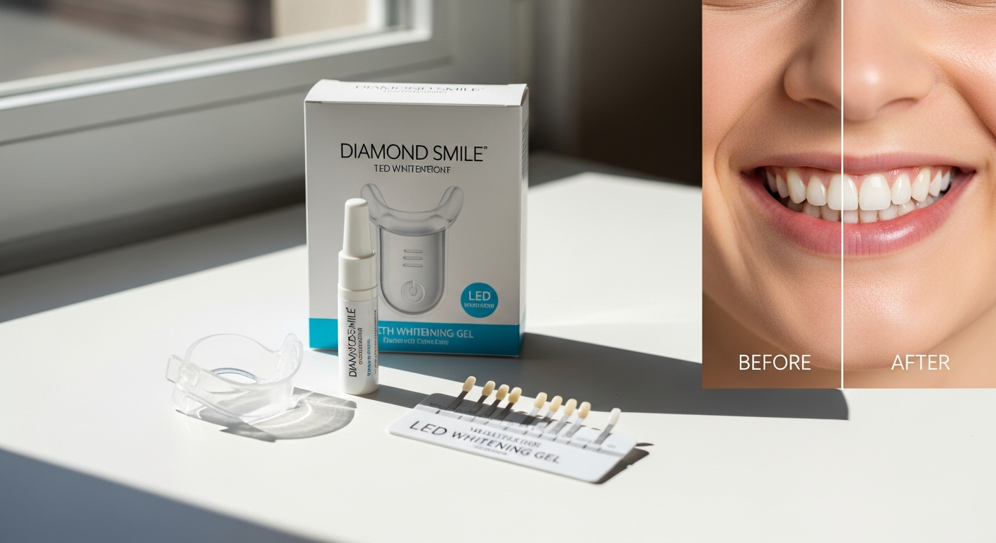Diamond Smile LED Teeth Whitening Kit with blue light device and gel applicator for sensitive teeth