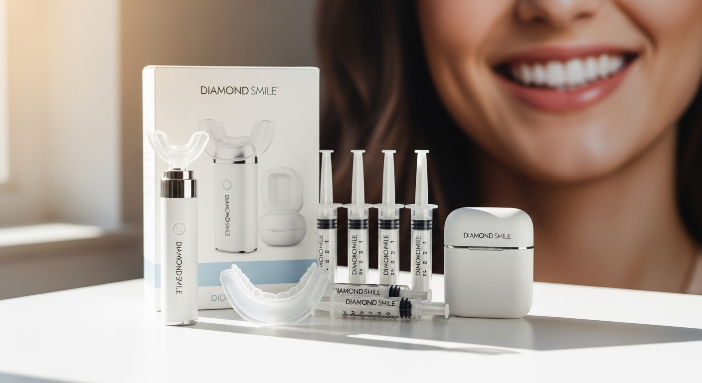 Diamond Smile LED Teeth Whitening Kit with gel syringes, mouth tray, and shade guide displayed on white background
