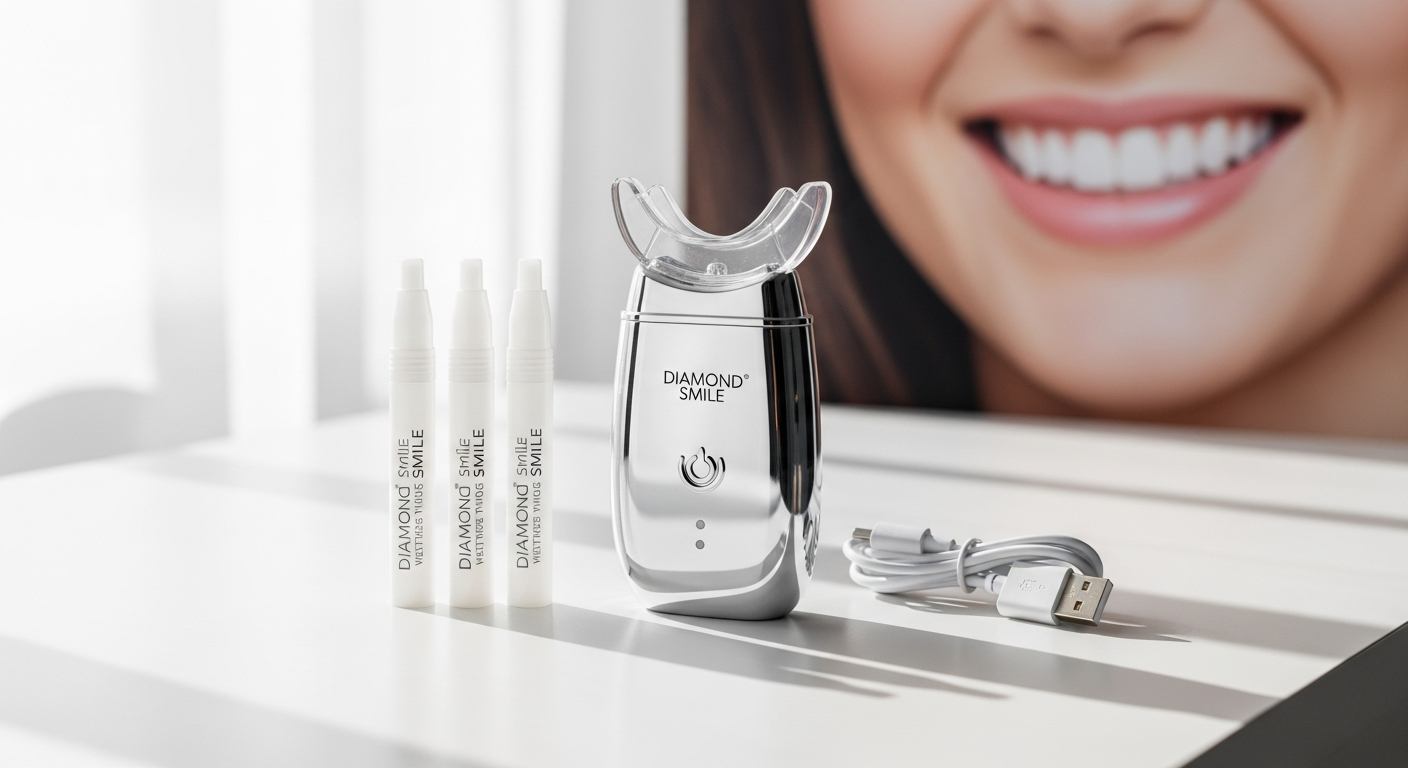 Diamond Smile LED teeth whitening kit with blue light device and gel syringes displayed on white background