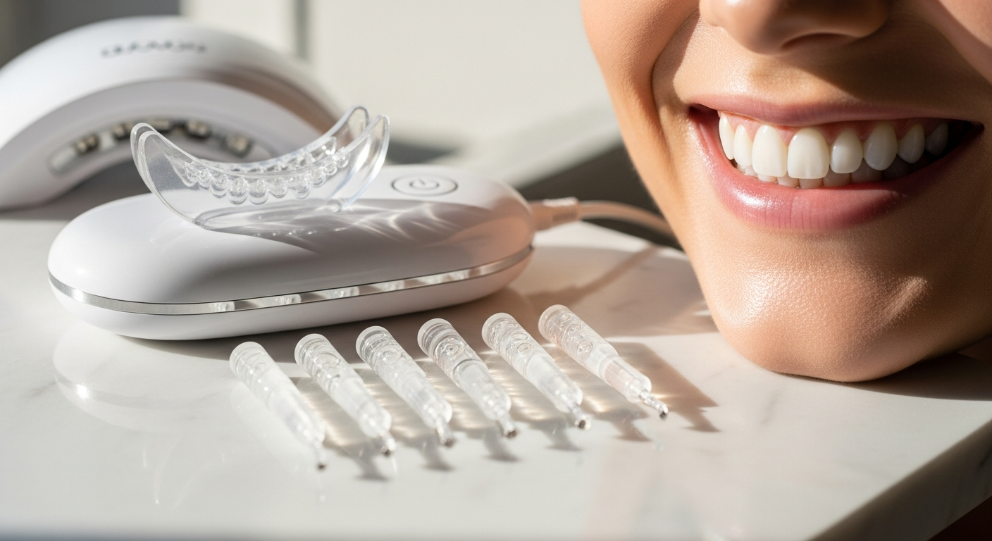 Diamond Smile Power+ LED teeth whitening kit with gel and application trays displayed on white background