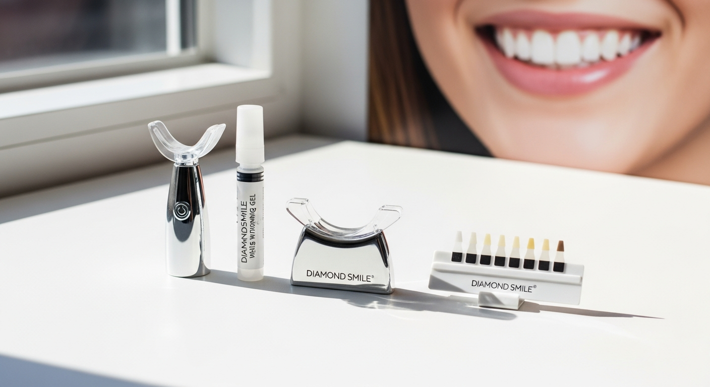 Diamond Smile Teeth Whitening Kit with LED light device and gel applicator on white background