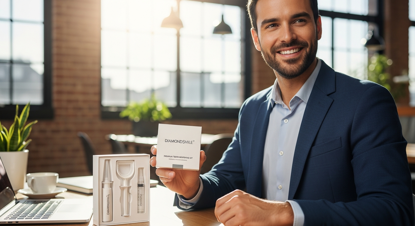 Professional woman smiling confidently in modern office setting with bright white teeth