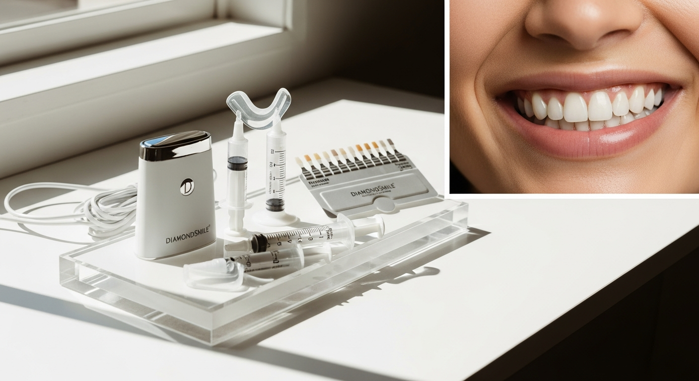 DiamondSmile Premium Teeth Whitening Kit with LED light accelerator and gel syringes displayed on white background