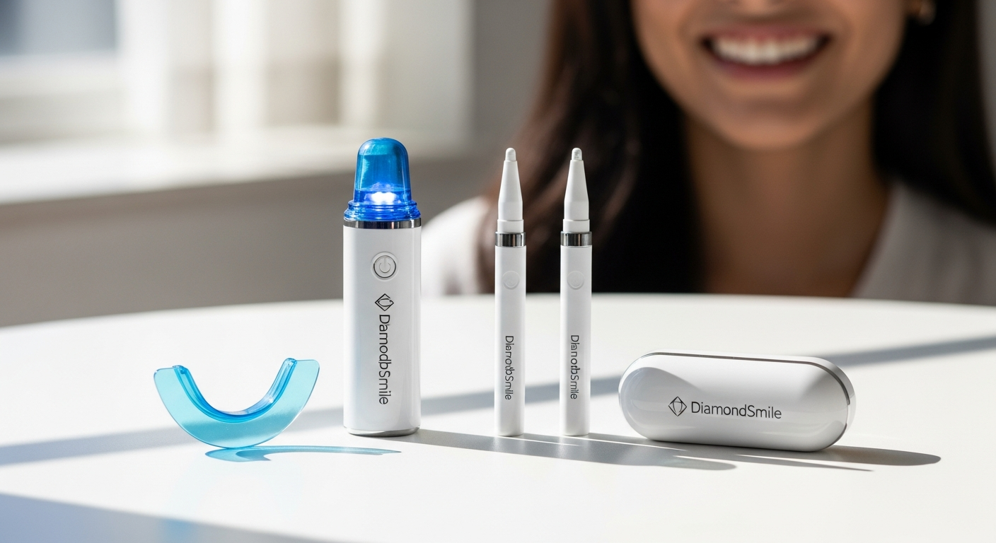 DiamondSmile LED teeth whitening kit with gel syringes and USB charger displayed on white background