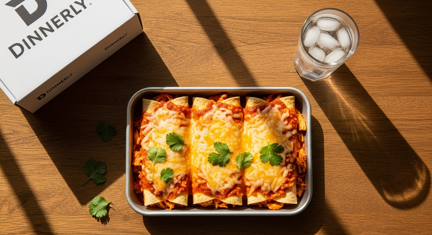 Dinnerly Cheesy Chicken Enchiladas meal kit box with fresh ingredients and recipe card displayed