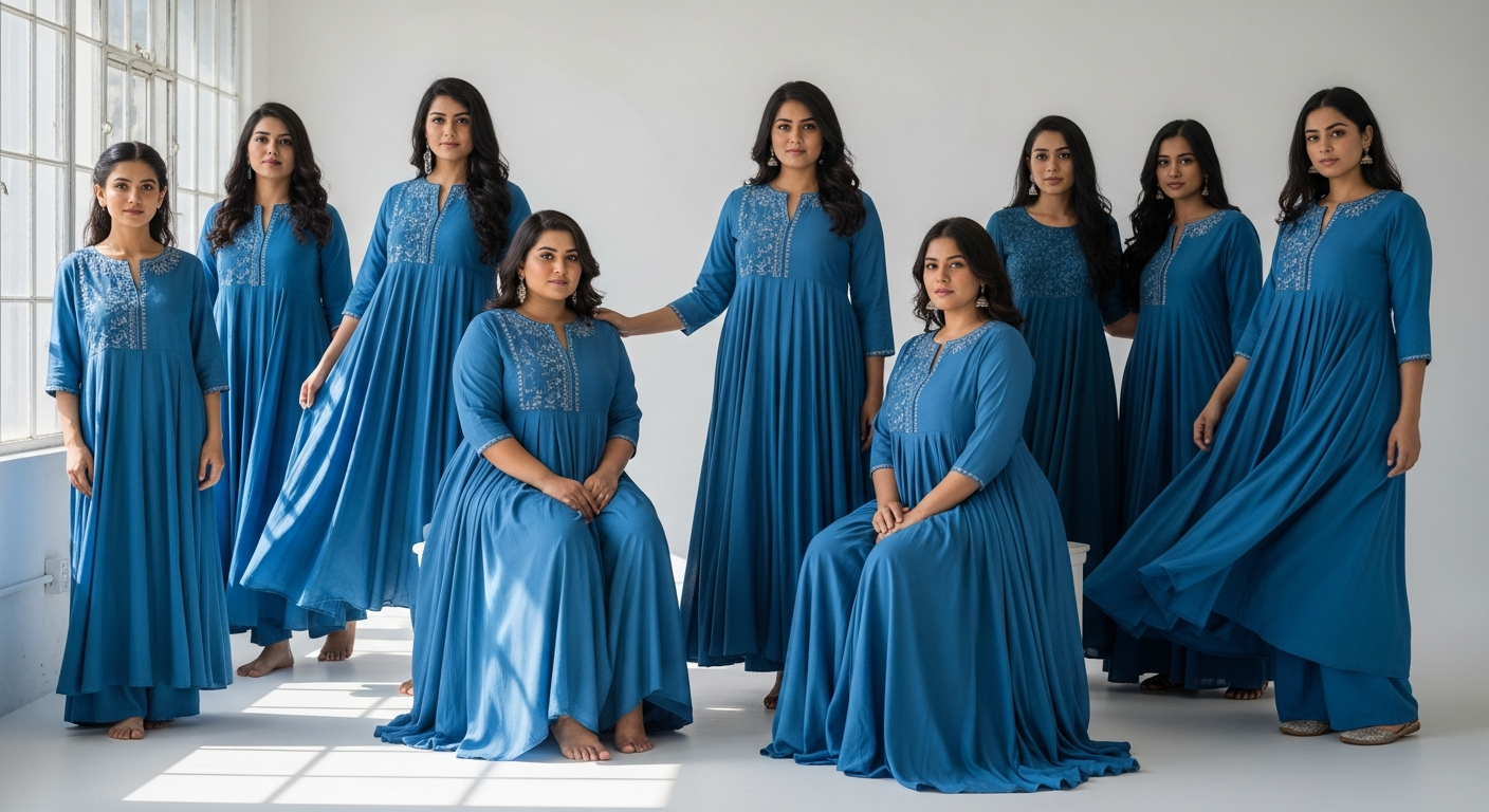 Blue Angrakha Anarkali Kurta with foil print detailing displayed on a dress form showing wrap-style bodice and flared silhouette