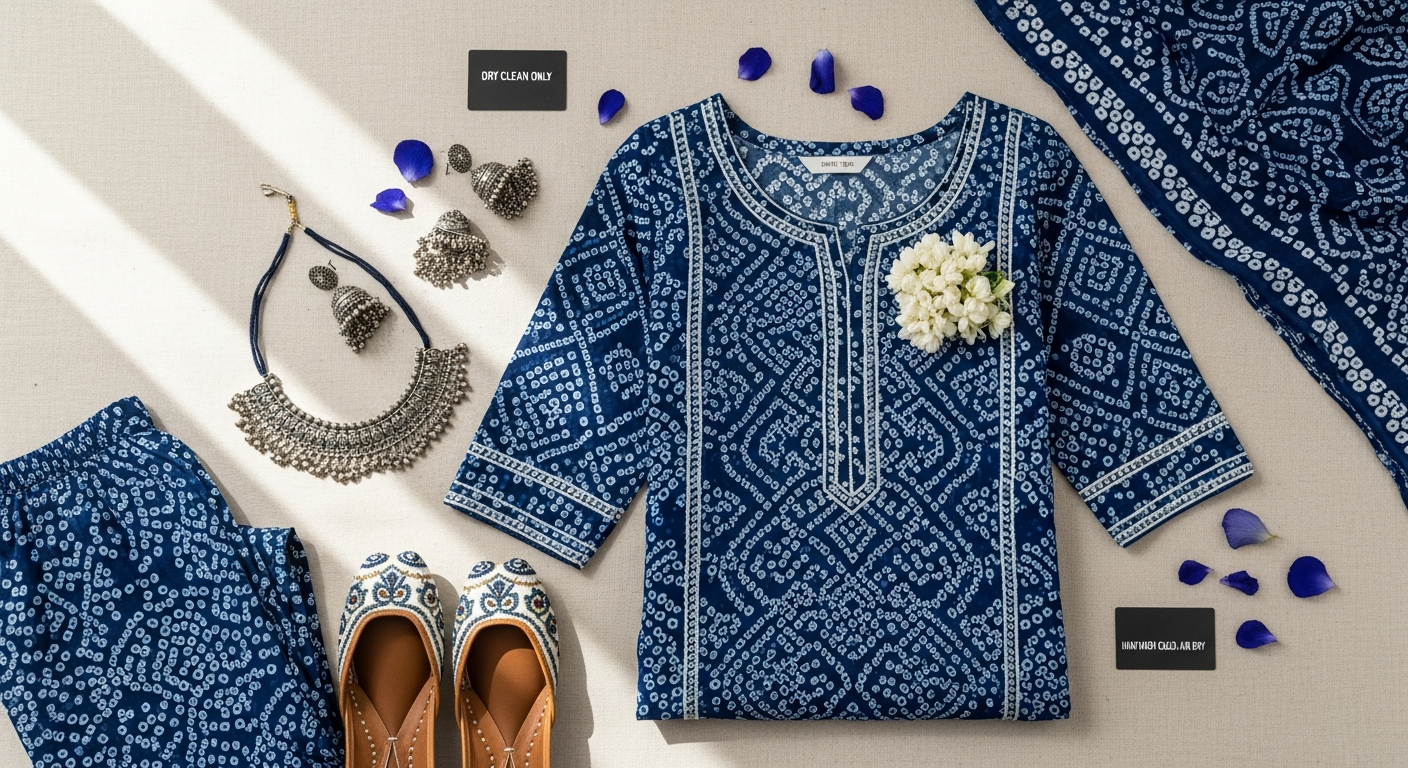 Colorful Kalini Bandhani printed kurta set with sharara and dupatta ensemble displayed